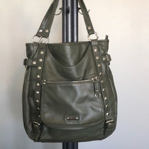 Olive green faux leather tote with floral lining